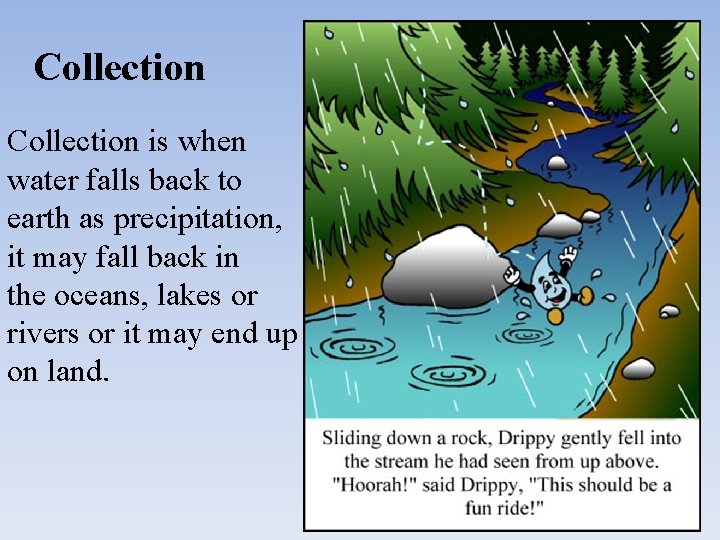Collection is when water falls back to earth as precipitation, it may fall back