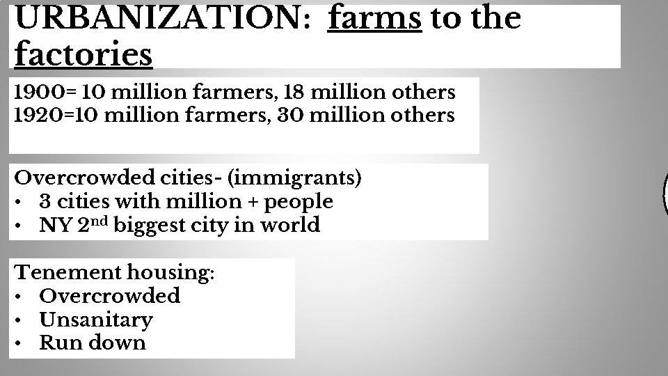 URBANIZATION: farms to the factories 1900= 10 million farmers, 18 million others 1920=10 million