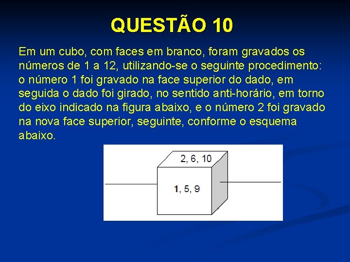 QUESTÃO 10 Em um cubo, com faces em branco, foram gravados os números de