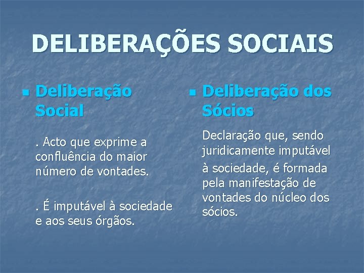 DELIBERAÇÕES SOCIAIS n Deliberação Social. Acto que exprime a confluência do maior número de