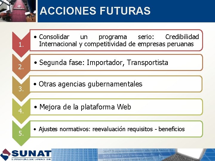 ACCIONES FUTURAS 1. 2. 3. 4. 5. • Consolidar un programa serio: Credibilidad Internacional