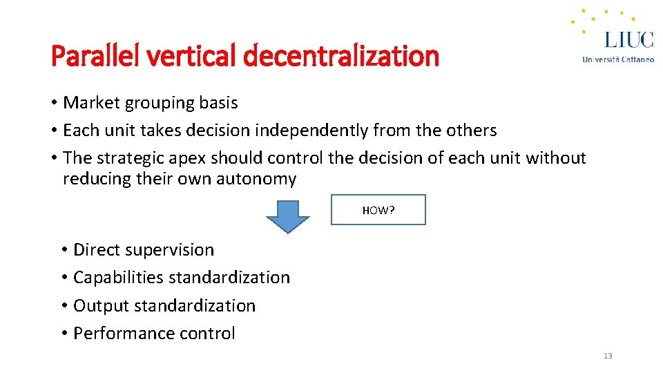 Parallel vertical decentralization • Market grouping basis • Each unit takes decision independently from