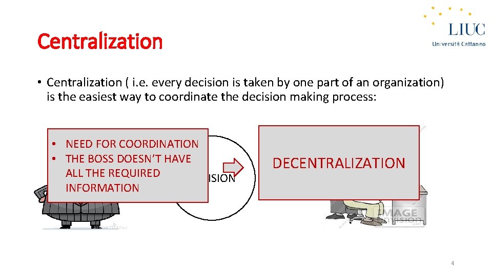 Centralization • Centralization ( i. e. every decision is taken by one part of