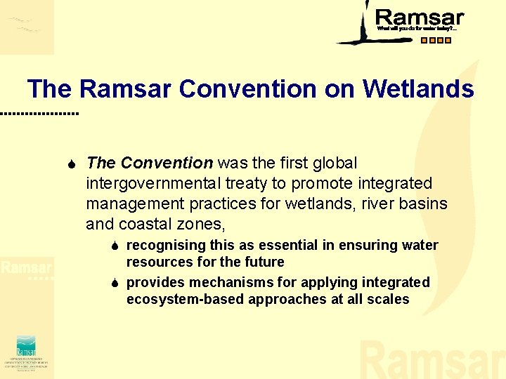 The Ramsar Convention on Wetlands S The Convention was the first global intergovernmental treaty The Ramsar Convention on Wetlands S The Convention was the first global intergovernmental treaty