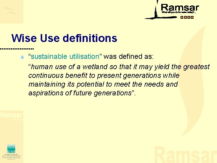 Wise Use definitions S “sustainable utilisation” was defined as: “human use of a wetland Wise Use definitions S “sustainable utilisation” was defined as: “human use of a wetland