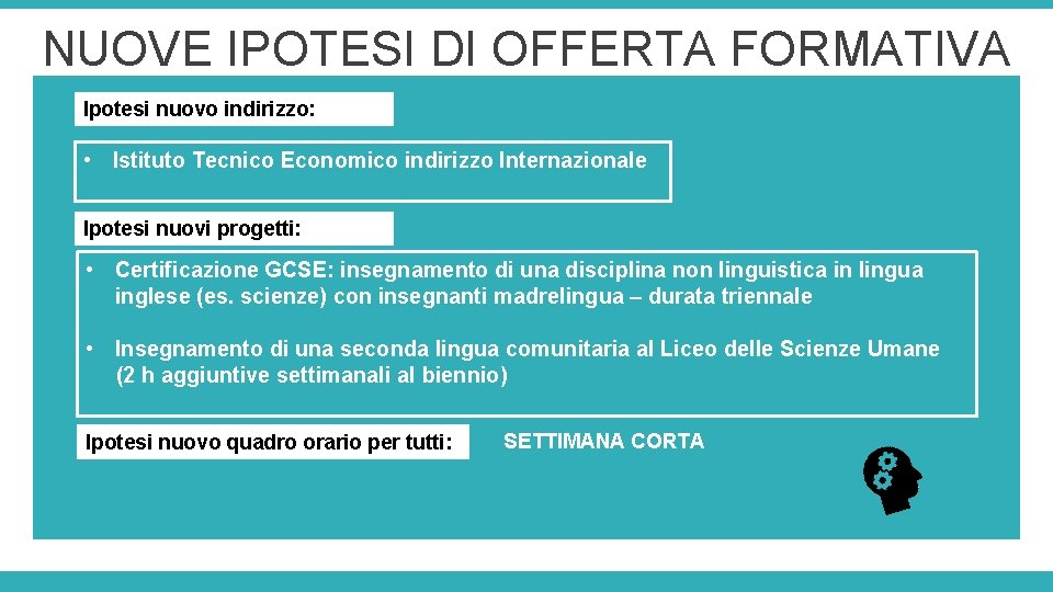 NUOVE IPOTESI DI OFFERTA FORMATIVA Ipotesi nuovo indirizzo: • Istituto Tecnico Economico indirizzo Internazionale NUOVE IPOTESI DI OFFERTA FORMATIVA Ipotesi nuovo indirizzo: • Istituto Tecnico Economico indirizzo Internazionale