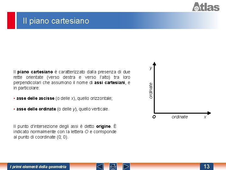 Il piano cartesiano • asse delle ascisse (o delle x), quello orizzontale; ordinate Il