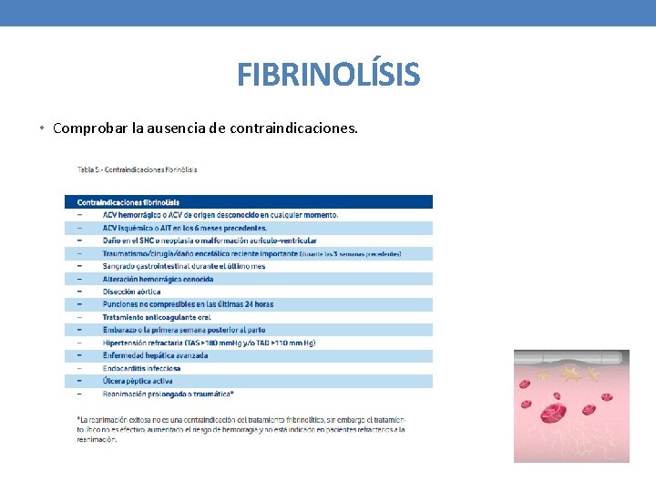 FIBRINOLÍSIS • Comprobar la ausencia de contraindicaciones. 
