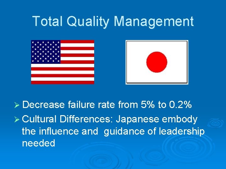Total Quality Management Ø Decrease failure rate from 5% to 0. 2% Ø Cultural