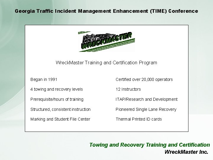 Georgia Traffic Incident Management Enhancement (TIME) Conference Wreck. Master Training and Certification Program Began