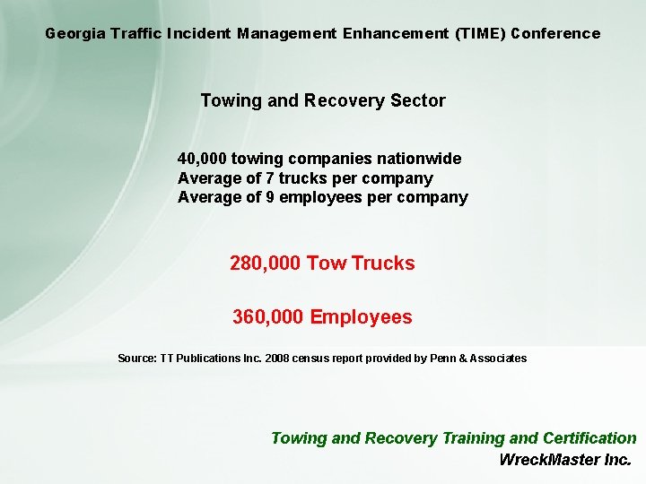 Georgia Traffic Incident Management Enhancement (TIME) Conference Towing and Recovery Sector 40, 000 towing