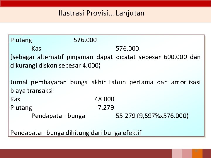 Ilustrasi Provisi… Lanjutan Piutang 576. 000 Kas 576. 000 (sebagai alternatif pinjaman dapat dicatat