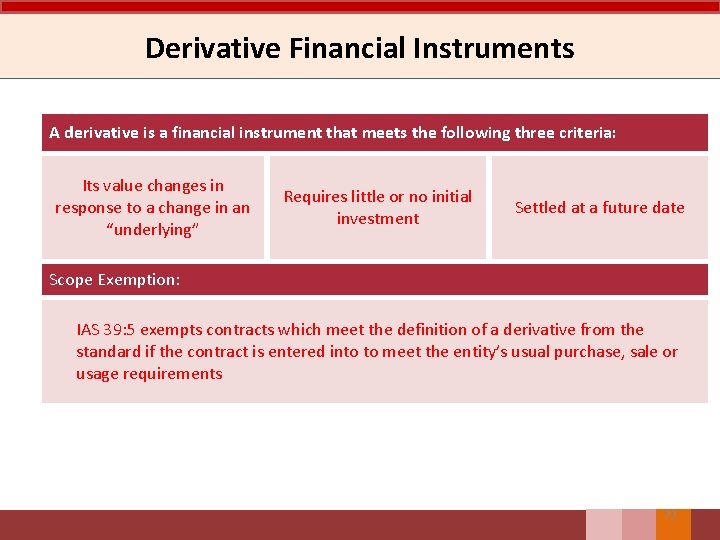 Derivative Financial Instruments A derivative is a financial instrument that meets the following three
