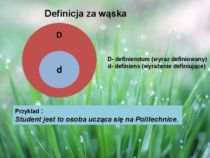 Definicja za wąska D d D- definiendum (wyraz definiowany) d- definiens (wyrażenie definiujące) :