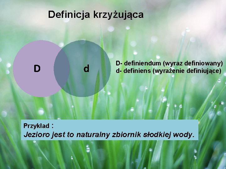 Definicja krzyżująca D d D- definiendum (wyraz definiowany) d- definiens (wyrażenie definiujące) : Jezioro