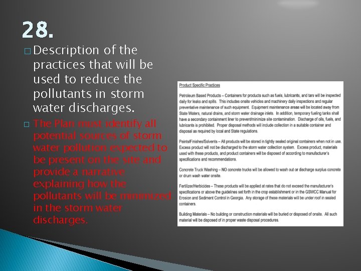 28. � Description of the practices that will be used to reduce the pollutants