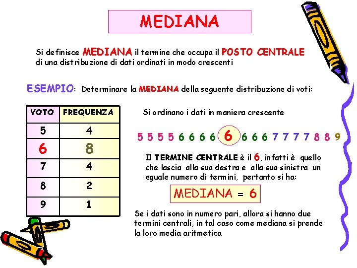 MEDIANA Si definisce MEDIANA il termine che occupa il POSTO CENTRALE di una distribuzione
