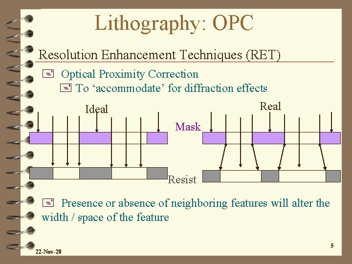 Lithography: OPC Resolution Enhancement Techniques (RET) + Optical Proximity Correction + To ‘accommodate’ for