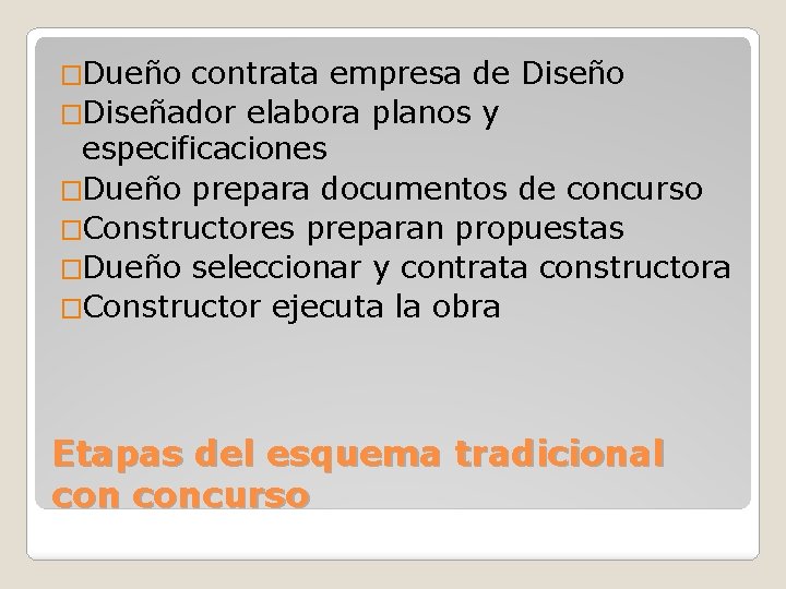 �Dueño contrata empresa de Diseño �Diseñador elabora planos y especificaciones �Dueño prepara documentos de