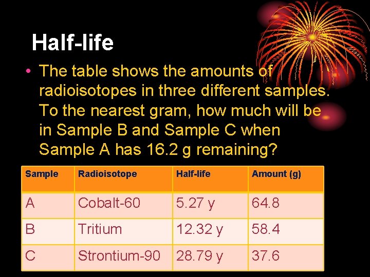 Half-life • The table shows the amounts of radioisotopes in three different samples. To