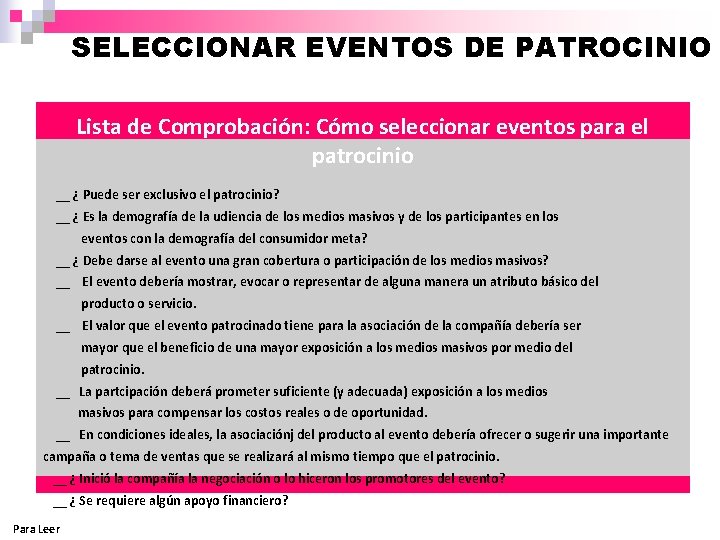 SELECCIONAR EVENTOS DE PATROCINIO Lista de Comprobación: Cómo seleccionar eventos para el patrocinio __