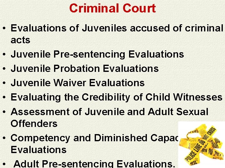Criminal Court • Evaluations of Juveniles accused of criminal acts • Juvenile Pre-sentencing Evaluations Criminal Court • Evaluations of Juveniles accused of criminal acts • Juvenile Pre-sentencing Evaluations