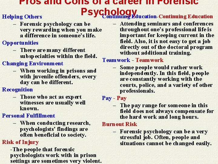 Pros and Cons of a career in Forensic Psychology Continuing Education-Continuing Education Helping Others Pros and Cons of a career in Forensic Psychology Continuing Education-Continuing Education Helping Others