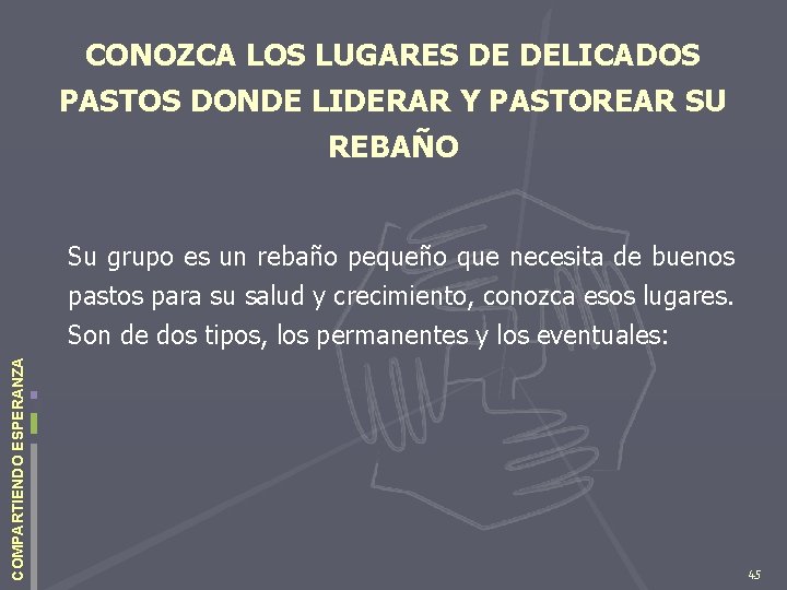 CONOZCA LOS LUGARES DE DELICADOS PASTOS DONDE LIDERAR Y PASTOREAR SU REBAÑO COMPARTIENDO ESPERANZA