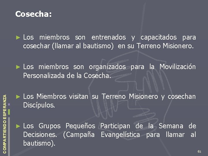 COMPARTIENDO ESPERANZA Cosecha: ► Los miembros son entrenados y capacitados para cosechar (llamar al