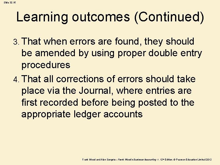 Slide 32. 15 Learning outcomes (Continued) 3. That when errors are found, they should Slide 32. 15 Learning outcomes (Continued) 3. That when errors are found, they should