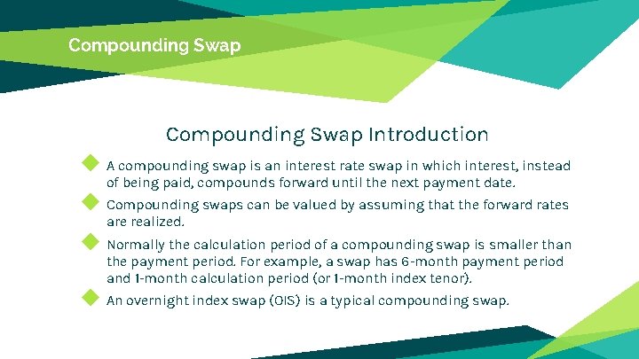Compounding Swap Introduction ◆ A compounding swap is an interest rate swap in which