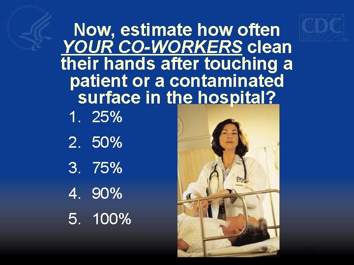 Now, estimate how often YOUR CO-WORKERS clean their hands after touching a patient or