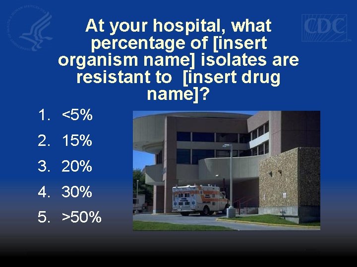At your hospital, what percentage of [insert organism name] isolates are resistant to [insert