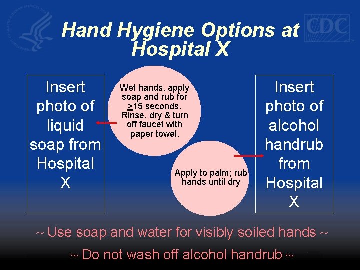 Hand Hygiene Options at Hospital X Insert photo of liquid soap from Hospital X