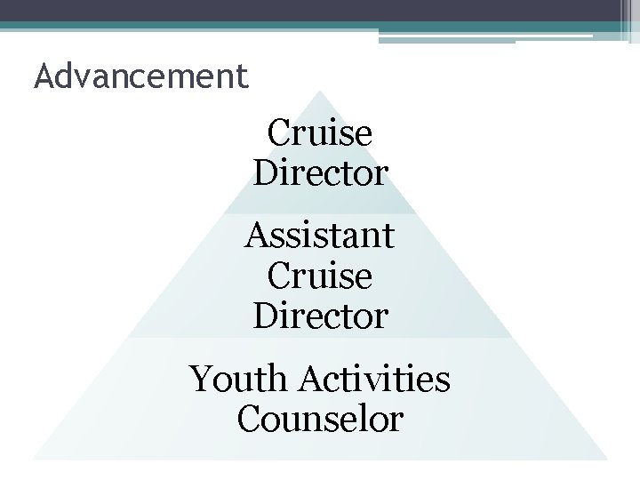 Advancement Cruise Director Assistant Cruise Director Youth Activities Counselor 