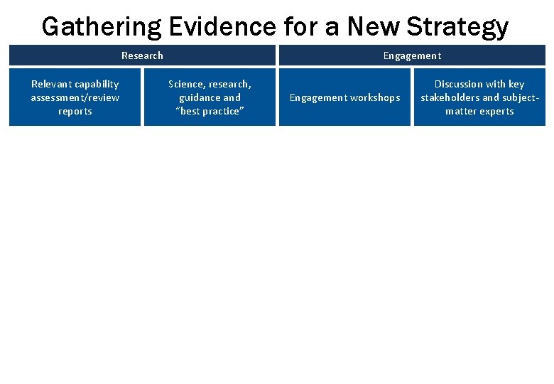 Gathering Evidence for a New Strategy Research Relevant capability assessment/review reports Engagement Science, research,