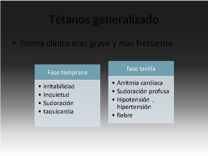 Tétanos generalizado • Forma clínica mas grave y mas frecuente Fase temprana • irritabilidad