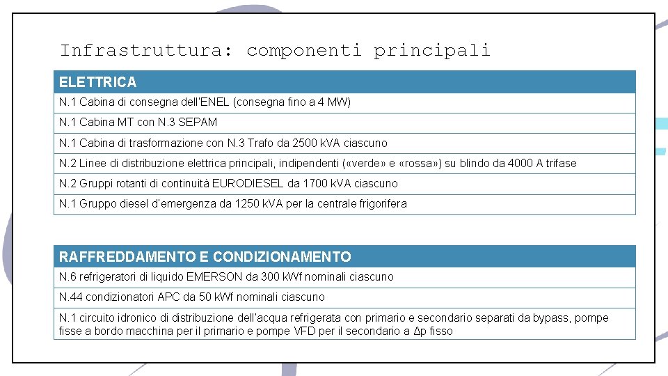 Infrastruttura: componenti principali ELETTRICA N. 1 Cabina di consegna dell’ENEL (consegna fino a 4