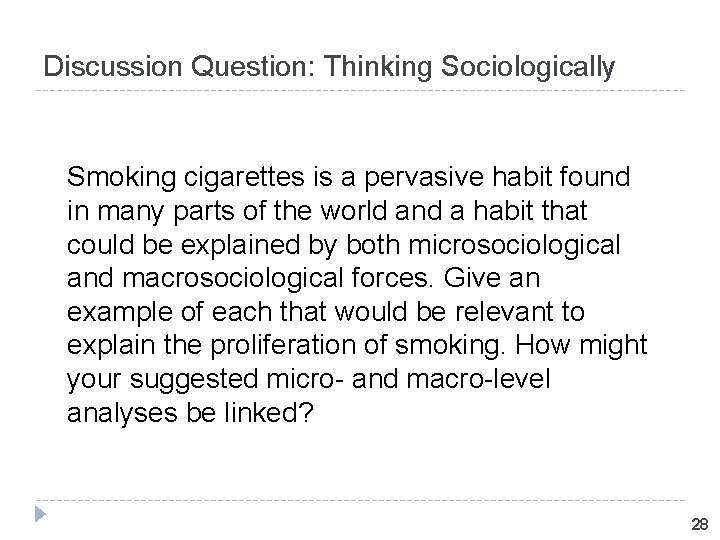 Discussion Question: Thinking Sociologically Smoking cigarettes is a pervasive habit found in many parts