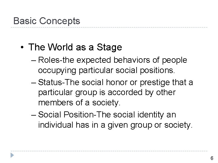 Basic Concepts • The World as a Stage – Roles-the expected behaviors of people
