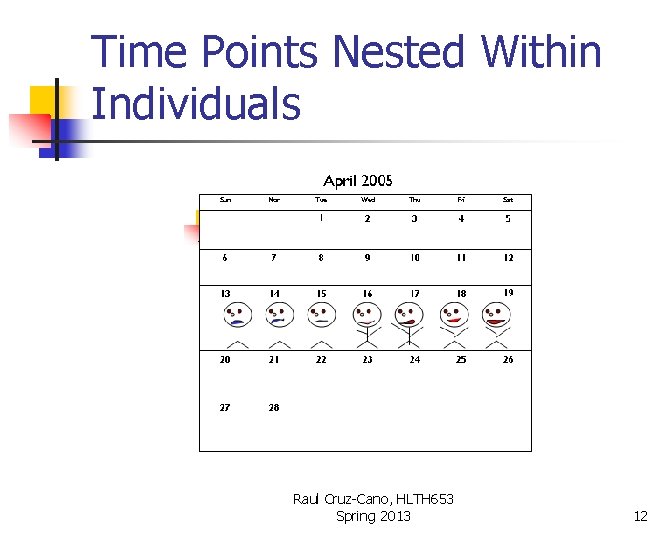 Time Points Nested Within Individuals Raul Cruz-Cano, HLTH 653 Spring 2013 12 