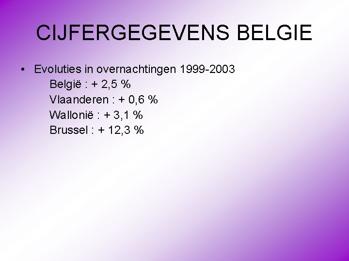 CIJFERGEGEVENS BELGIE • Evoluties in overnachtingen 1999 -2003 België : + 2, 5 %