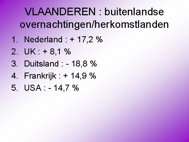 VLAANDEREN : buitenlandse overnachtingen/herkomstlanden 1. 2. 3. 4. 5. Nederland : + 17, 2