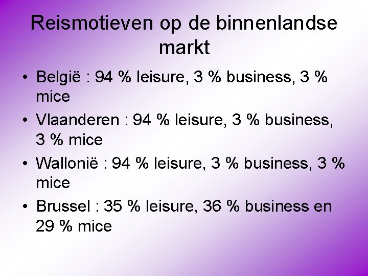 Reismotieven op de binnenlandse markt • België : 94 % leisure, 3 % business,