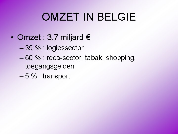 OMZET IN BELGIE • Omzet : 3, 7 miljard € – 35 % :