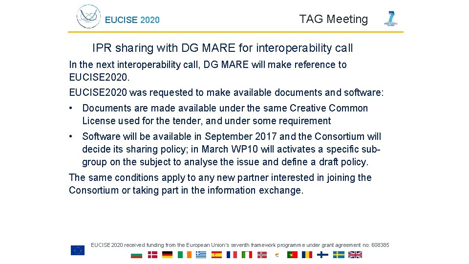 EUCISE 2020 TAG Meeting IPR sharing with DG MARE for interoperability call In the