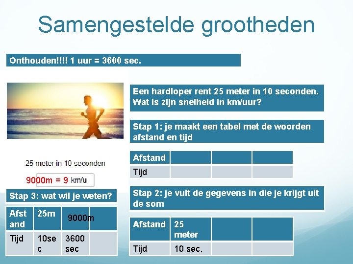 Samengestelde grootheden Onthouden!!!! 1 uur = 3600 sec. Een hardloper rent 25 meter in