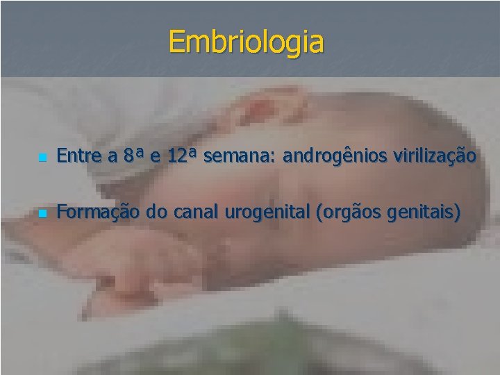 Embriologia n Entre a 8ª e 12ª semana: androgênios virilização n Formação do canal