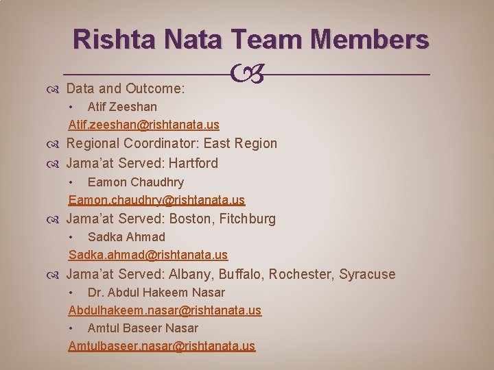 Rishta Nata Team Members Data and Outcome: • Atif Zeeshan Atif. zeeshan@rishtanata. us Regional