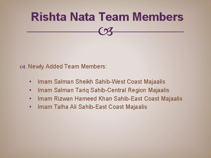 Rishta Nata Team Members Newly Added Team Members: • • Imam Salman Sheikh Sahib-West